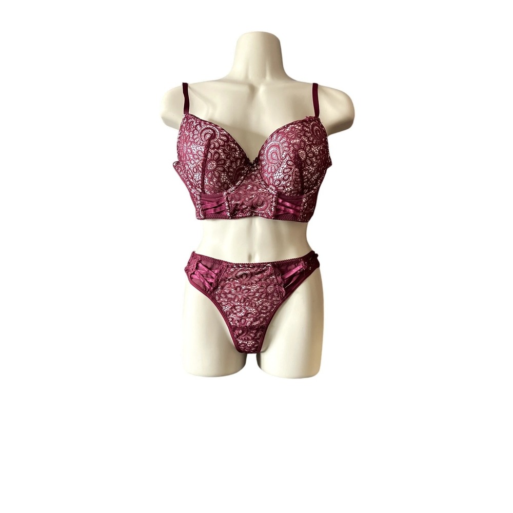 Burgundy Floral Lace Longline Bra and Thong Lingerie Set 36B Medium